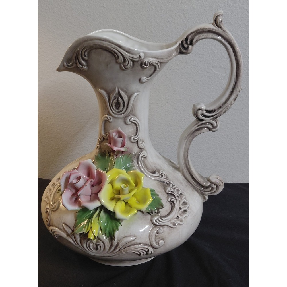 Vintage Capodimonte Italy Porcelain Floral Pitcher Vase Crowned N Rose Large 14"